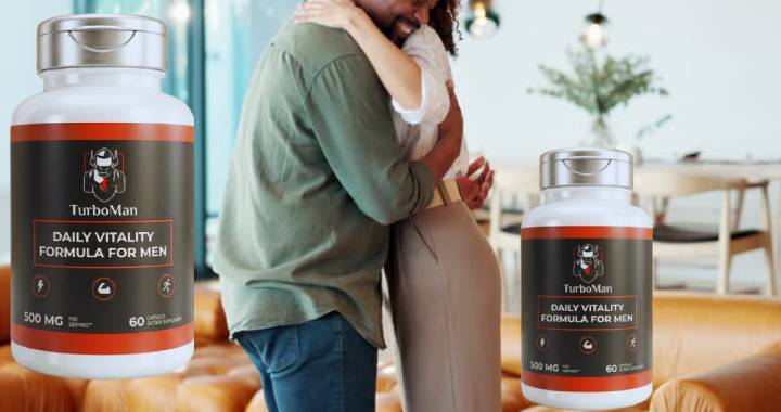 Couple embracing beside TurboMan supplement bottles at home